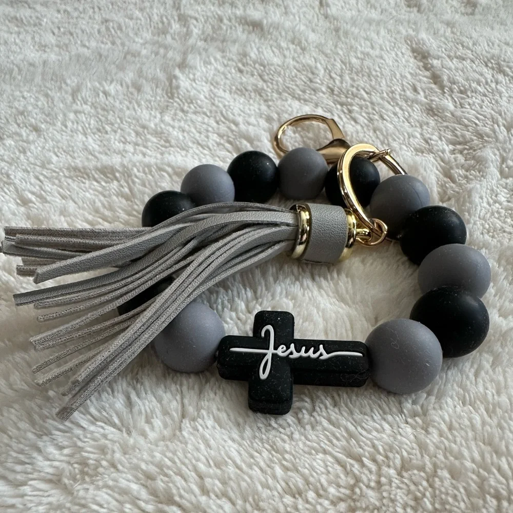 Wristlet Keychain Jesus Cross Tassel Black & Gray Beaded Keychain Bracelet NWT